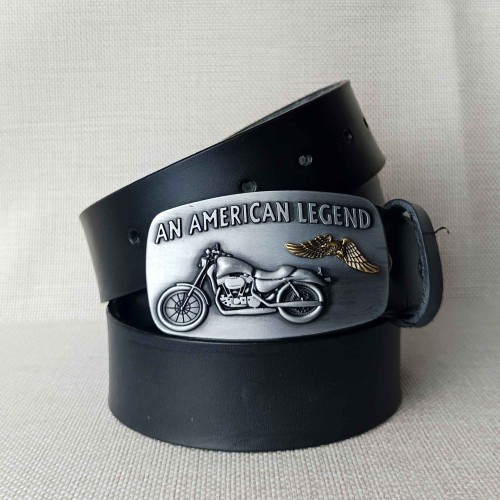 Pasek skórzany męski AMERICAN LEGEND z litej skóry bydlęcej Full Grain i metalową klamrą z motocyklem typu chopper.