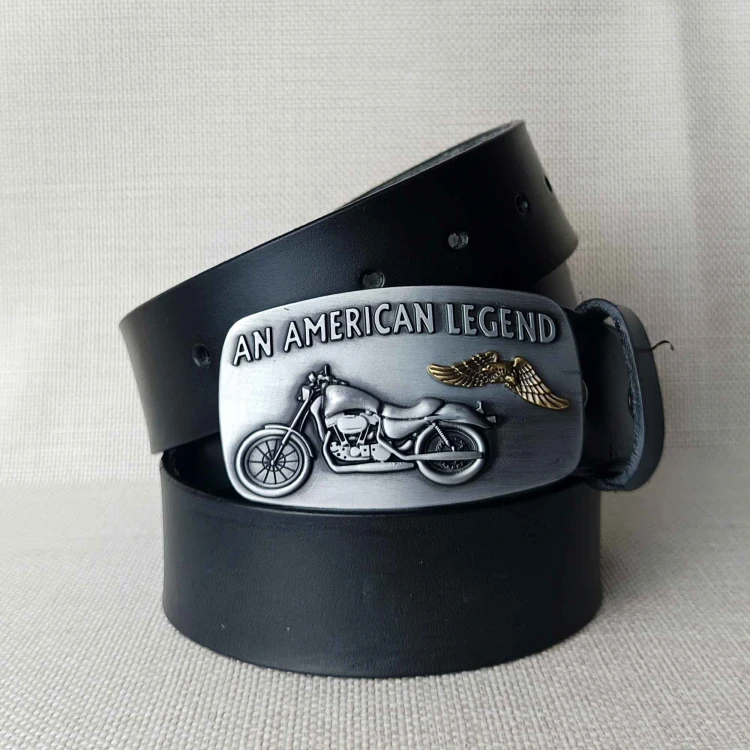 Pasek skórzany męski AMERICAN LEGEND z litej skóry bydlęcej Full Grain i metalową klamrą z motocyklem typu chopper.