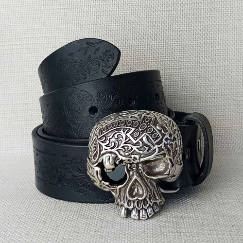 Pasek skórzany GOTHIC czarny – Full Grain 4 mm tłoczenie roślinne, klamra gotycka czaszka z czarnym okiem, Rob Robi