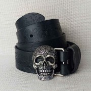 Pasek skórzany CALAVERA czarny – Full Grain 4 mm tłoczenie roślinne, klamra czaszka Sugar Skull srebrna, Rob Robi