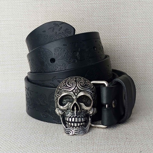 Pasek skórzany CALAVERA czarny – Full Grain 4 mm tłoczenie roślinne, klamra czaszka Sugar Skull srebrna, Rob Robi