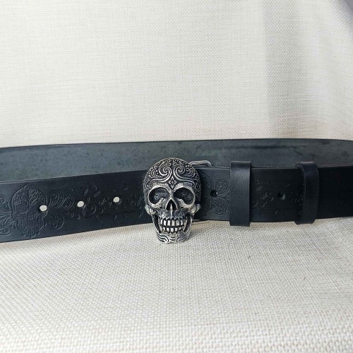 Klamra czaszka Sugar Skull Día de los Muertos – pasek skórzany CALAVERA czarny Full Grain Rob Robi