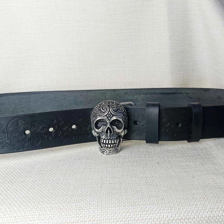 Klamra czaszka Sugar Skull Día de los Muertos – pasek skórzany CALAVERA czarny Full Grain Rob Robi