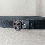 Pasek skórzany CALAVERA – czaszka z ornamentami spiralnymi, czarny Full Grain 4 mm, Rob Robi