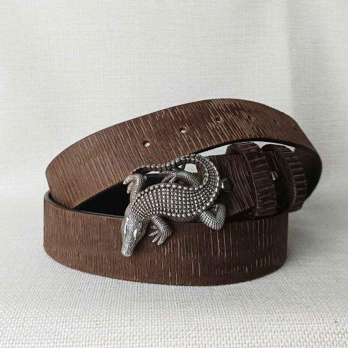 Pasek skórzany KROKODYL brązowy – włoska skóra Full Grain 4 mm tłoczona, klamra krokodyl srebrna, Rob Robi