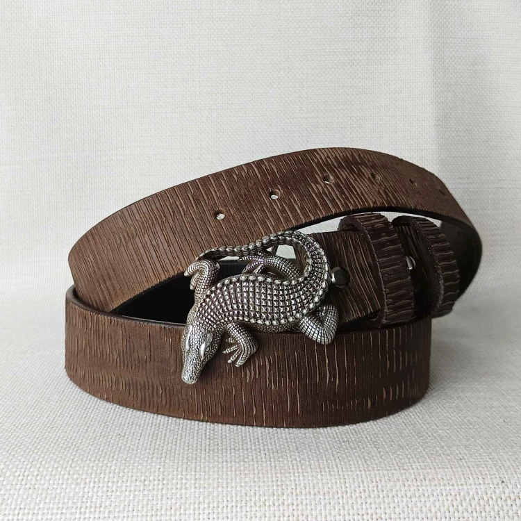 Pasek skórzany KROKODYL brązowy – włoska skóra Full Grain 4 mm tłoczona, klamra krokodyl srebrna, Rob Robi