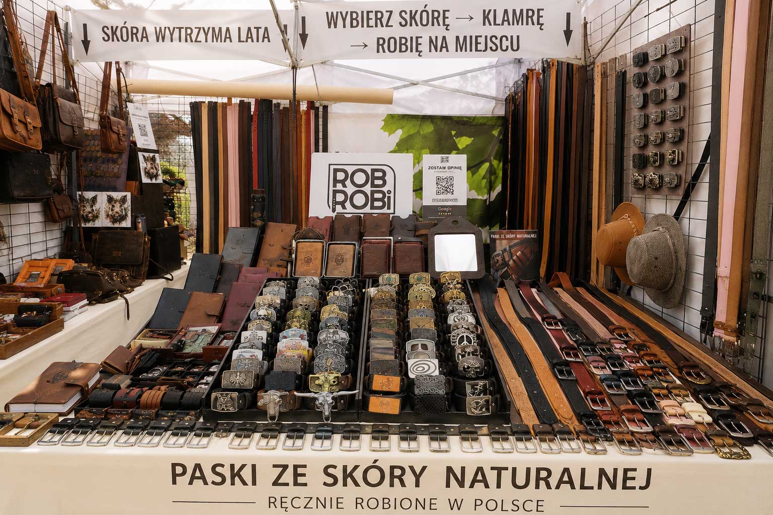 Stoisko Rob Robi z ręcznie robionymi paskami ze skóry naturalnej i wyrobami skórzanymi
