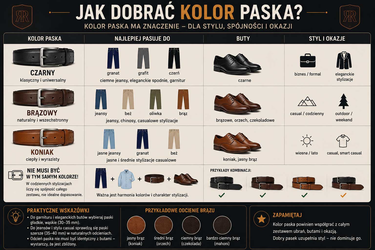 Infografika przedstawiająca, jak dobrać kolor paska skórzanego do butów i stylizacji.