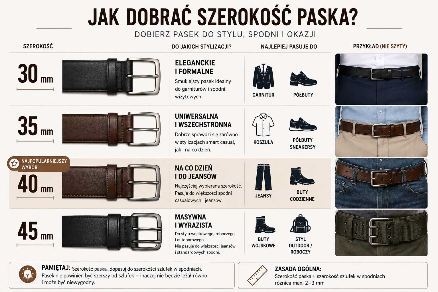 Infografika przedstawiająca szerokości pasków skórzanych 30, 35, 40 i 45 mm oraz ich zastosowanie.
