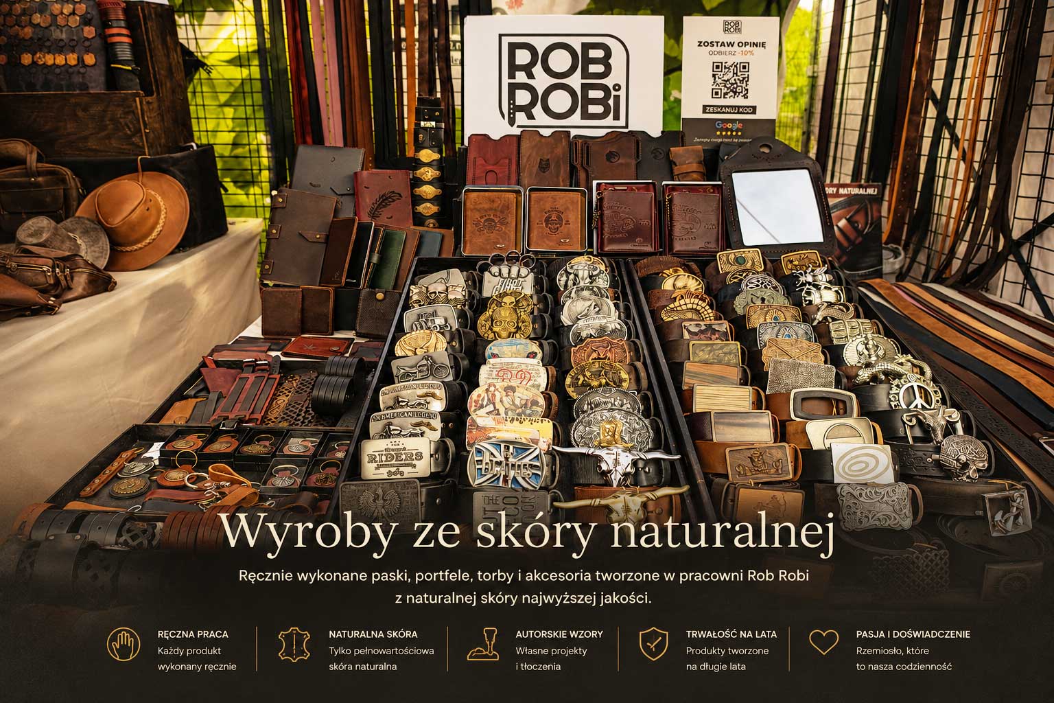 Stoisko Rob Robi z ręcznie wykonanymi wyrobami ze skóry naturalnej – paski skórzane, portfele, breloki i akcesoria rzemieślnicze.