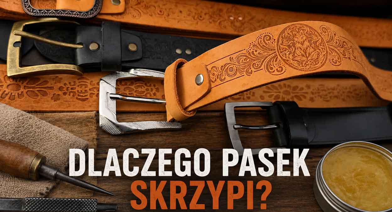 Nowy pasek skórzany z naturalnej skóry – przykład grubej skóry licowej, która podczas pierwszych dni użytkowania może delikatnie skrzypieć.